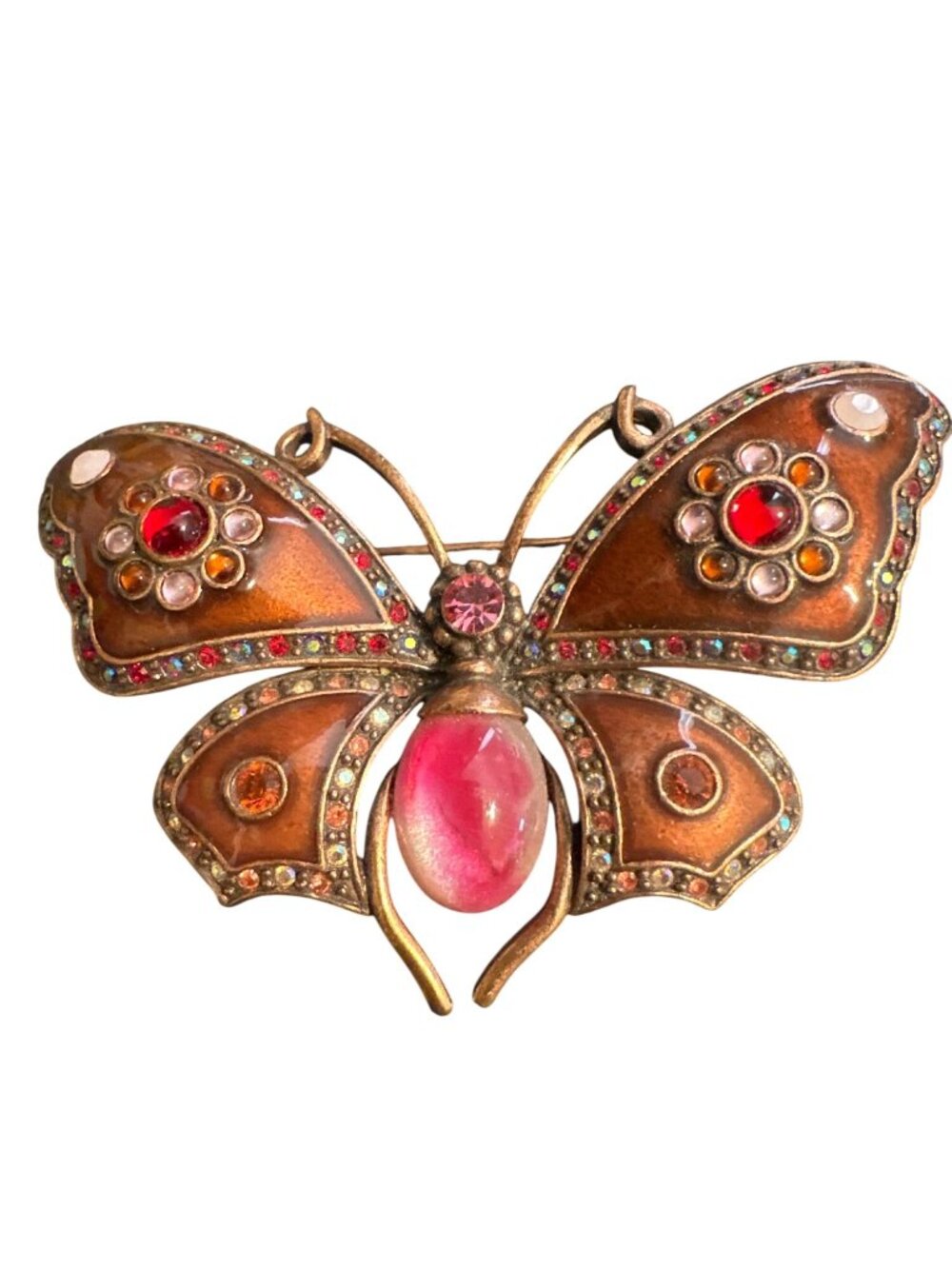 Joan Rivers Butterfly Pin With Rhinestones & Pink Center Vintage Gold-Tone Brooc - Picture 2 of 6